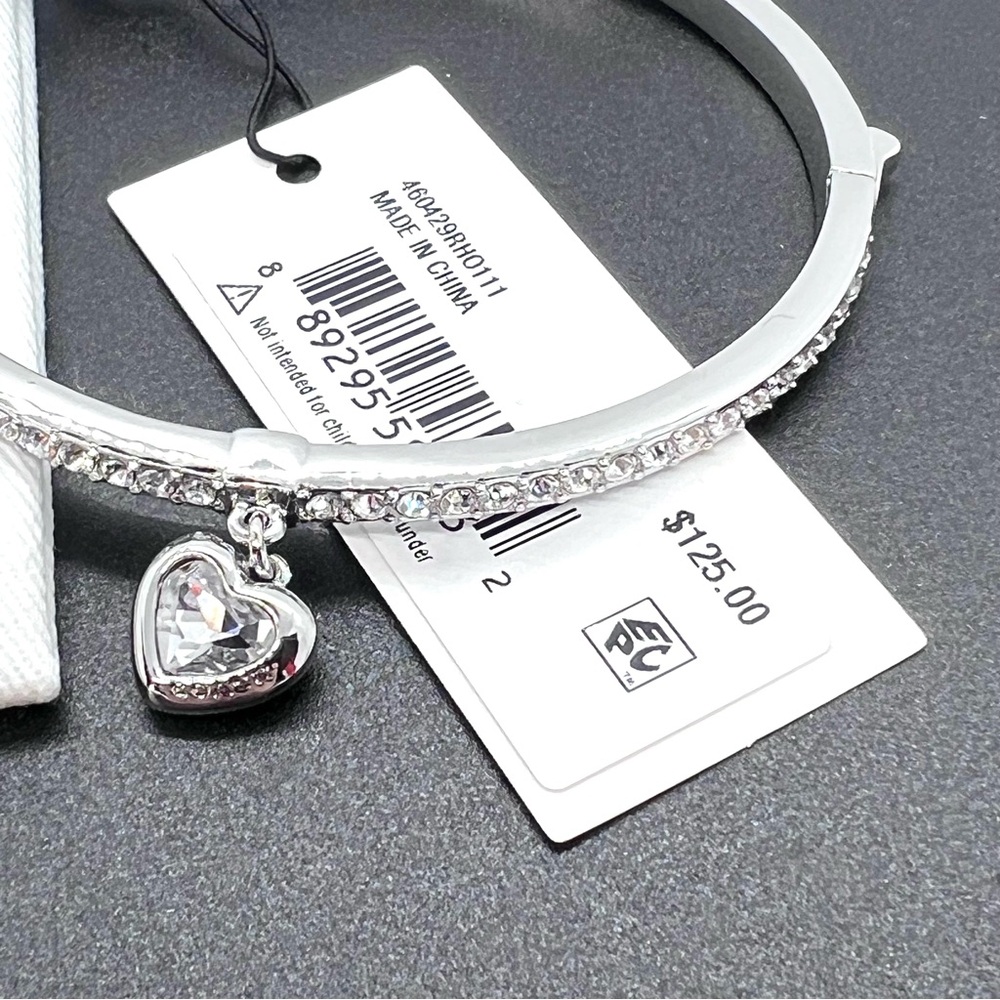 Coach Silver Crystal Heart Charm Hinged Bangle Bracelet NWT $125 MSRP & Dust Bag - Picture 3 of 11